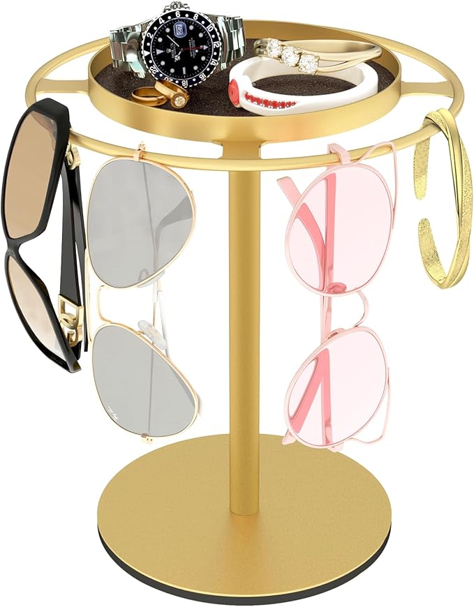 LSK Metal Sunglasses Organizer, Glasses Holder Stand with Storgae Tray, Eyeglasses Holder with Anti-Slip Pads for Tabletop, Desk, Dresser, Gold