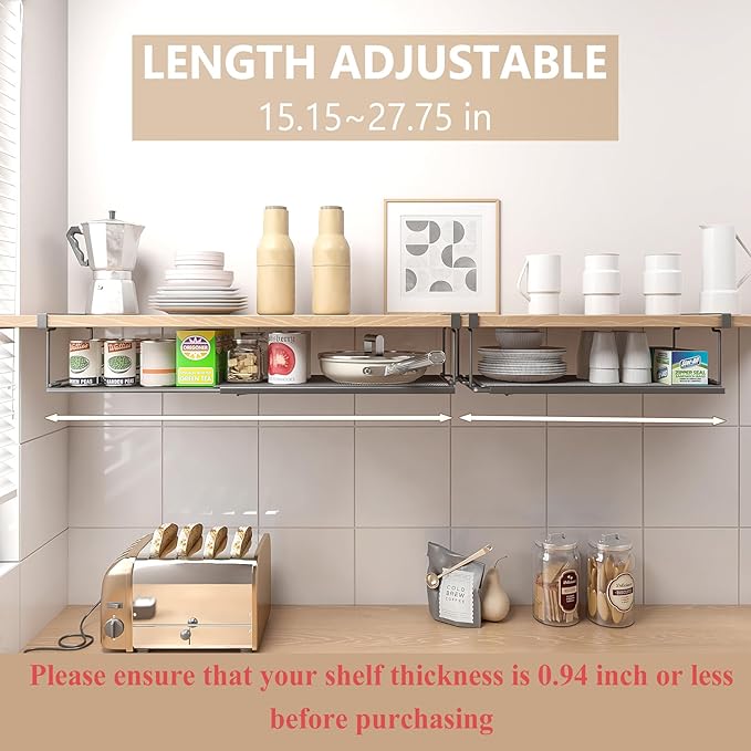 Expandable Under Cabinet Shelf, Extendable Under Shelf Storage with 0.94 Inches Thick Clips for Shoe Rack, Pantry Cabinet, Laundry Room. (Black, 2 Pack, Interior: 6" H x 8.26" D)