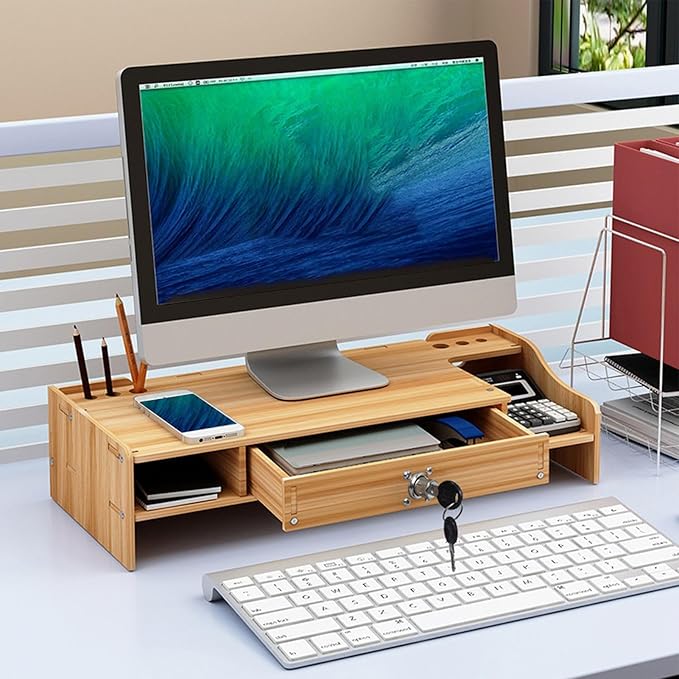 Desktop Computer Elevated Stand 48.8x20x10.5cm, Wooden Monitor Riser with Drawer, Organizer Shelf for Laptop, Printer, PC, TV Screen, Home, Dorm, Office