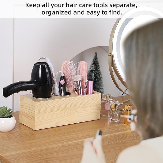 Hair Dryer Countertop Holder, Hair Tool Organizer Wall Mount, Blow Dryer Holder Cabinet Door Organizer, Bathroom Countertop Blow Dryer Holder and Curling Iron Holder (Cedar Wood, Log color)