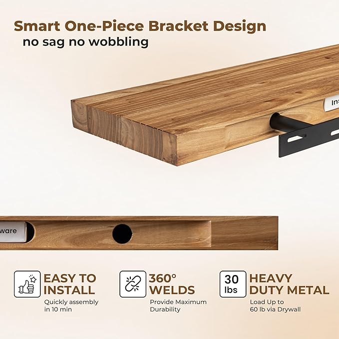 Axeman Floating Shelves for Wall - 32''W x 8'' D Rustic Solid Elm Wood Shelves for Storage, Wall Mounted Display Shelving with Invisible Heavy-Duty Metal Bracket (Natural, 2PCs)