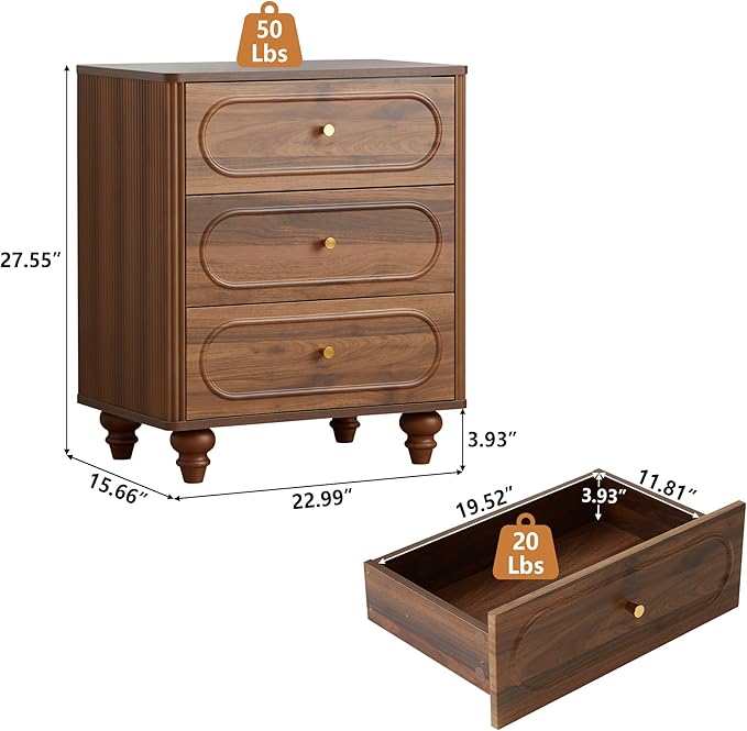 3 Drawer Fluted Dresser for Bedroom, Mid Century Modern Chest of Drawers, Wood Storage Small Dresser Organizer for Bedroom Living Room Hallway Closet, Walnut