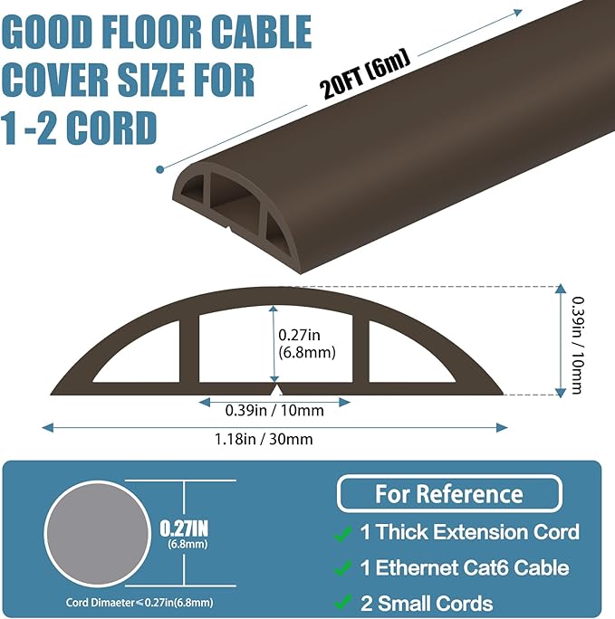 Floor Cord Covers for Wires 20FT Cable Hider Wire Cover Self Adhesive Cord Hider Floor for Offices, Homes, Workshops, Warehouses Cable Cavity 0.39" W x 0.27" H