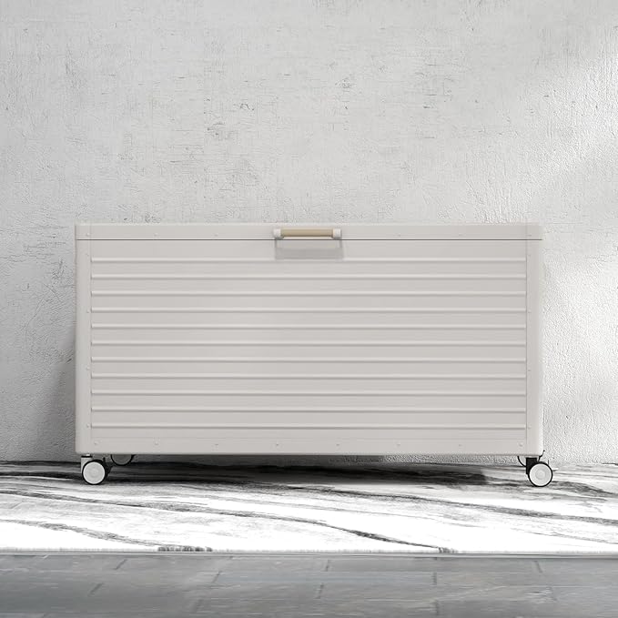 MIRADOR 175 Gallon Outdoor Storage Box Waterproof with Wheels, Metal Deck Box for Patio Furniture, Garden Tools, Outdoor Cushion, Latte