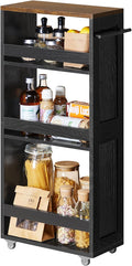 VASAGLE 4-Tier Slide-Out Storage Cart, Slim Kitchen Cart for Small Spaces, with Wheels, Handle, Bathroom, Laundry Room, 7.9 x 17 x 34.1 Inches, Ebony Black and Rustic Brown ULRC051K02