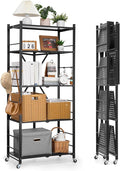 VEVOR 5-Tier Foldable Storage Shelf, 28W x 15D x 64H Inch Folding Metal Rack Shelving Unit, No Assembly Organizer Shelf with 5 Wheels & 4 Hooks for Pantry, Kitchen, Garage, Basement, Black