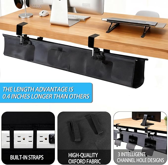 Under Desk Cable Management Tray, 36" No Drill Standing Desk Cable Organizer, Fabric Tray for Power Strips, Adapters & Cables, Black