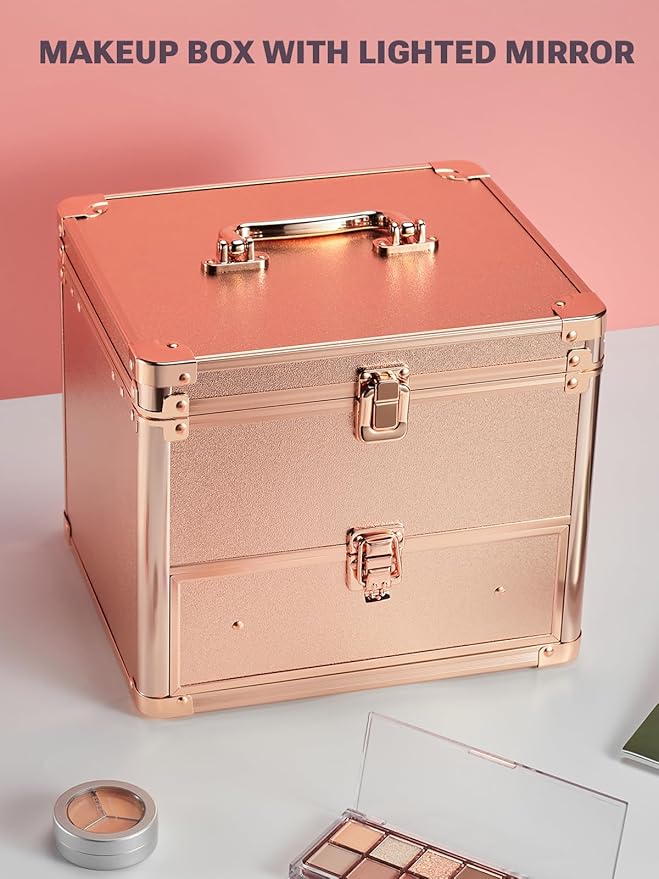 Qislee Makeup Box with Drawer and A Detachable Lighted Mirror, Waterproof Travel Train Case, Cosmetic Organizer and Makeup Suitcase with Adjustable Dividers, Magnetic LED Mirror (Rose Gold)