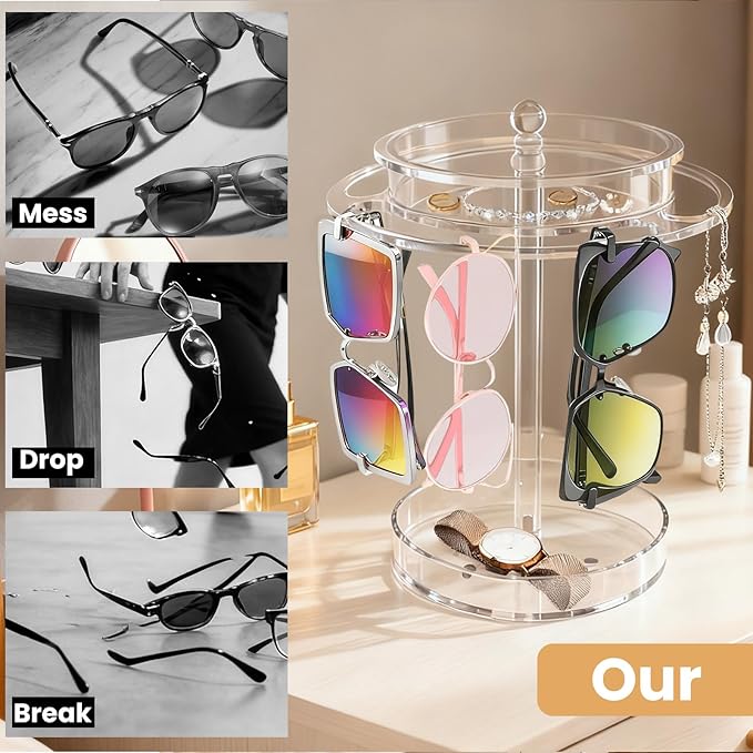 Acrylic Sunglasses Holder Stand with 360° Rotation - Double-Layer Trays, Dustproof Top Lid, Clear Eyeglasses Display Rack for Tabletop/Vanity/Office - Space-Saving, Shatter-Resistant & Modern Decor