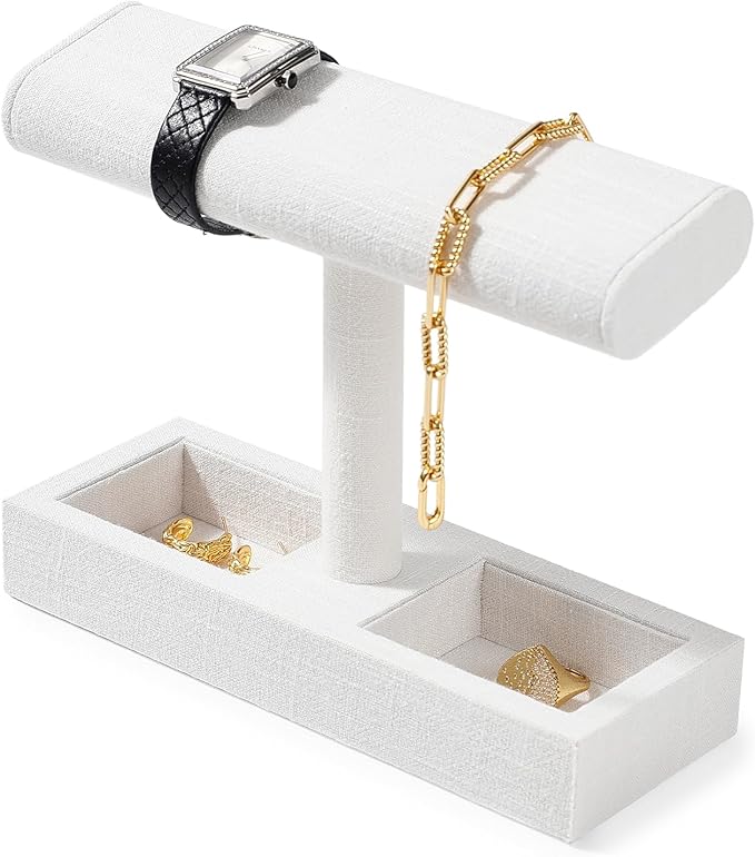 Oirlv Linen T-Bar Watch Display Stand Jewelry Display Props Jewelry Organizer Holder for Watch Bracelet Ring Earrings (Creamy-white,Linen)
