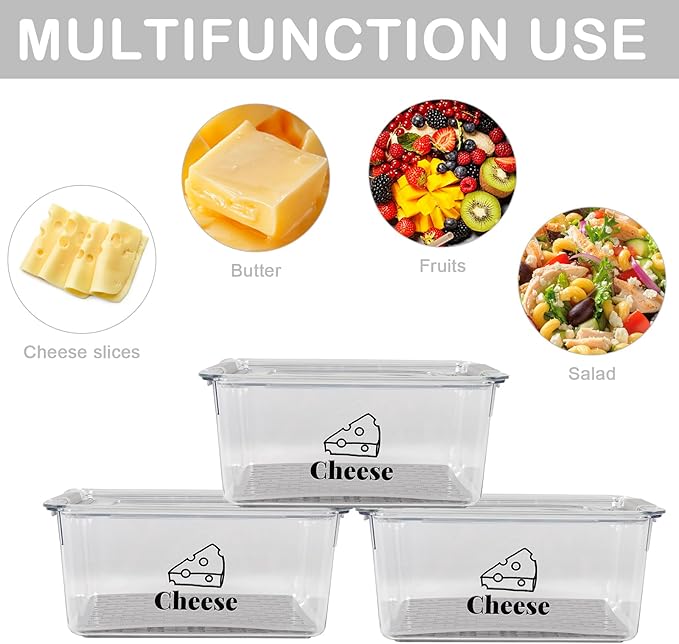 Cheese Holder Food Storage, Airtight Cheese Storage Box with Lid- Non Toxic, Lunch Meat Storage Sandwich Ham Cheeses Salami Sliced Turkey for Refrigerator to Keep Food Fresh,Clear-3Pack