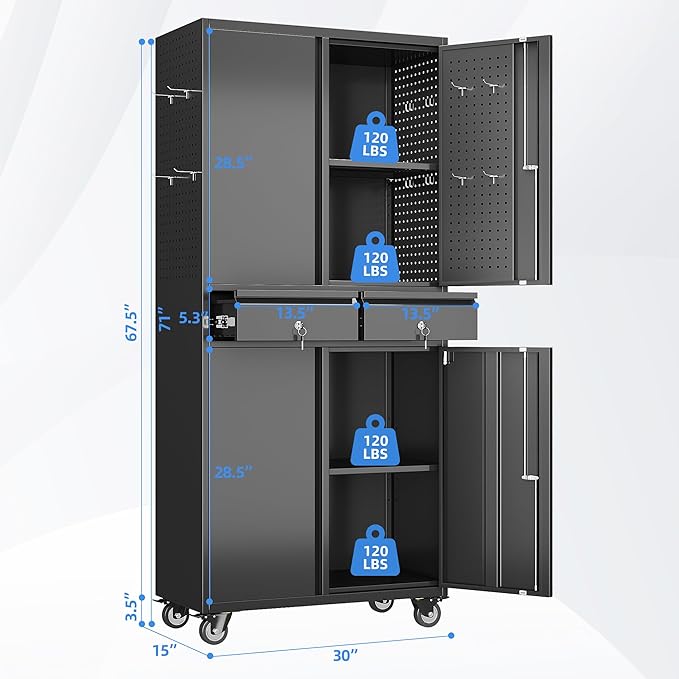 71''H Metal Garage Storage Cabinet with Wheels & 4 Pegboard,Rolling Tool Cabinet with Adjustable Shelves & 2 Lockable Drawer for Garage,Office,Home, Assembly Required,Black