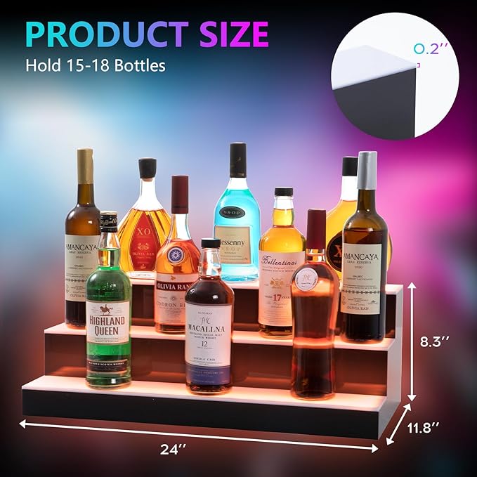 Led Lighted Liquor Bottle Display Shelf, 24 Inch 3 Tier Whiskey Rack, Support USB, Bar Stand with RF Remote & App Control, Illuminated Acrylic Lighting Shelves for 21 Bottles, Home Bar, Party