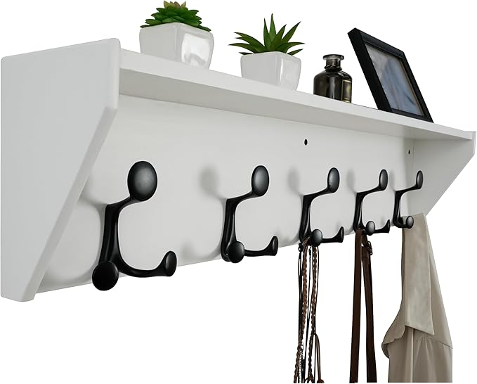 WEBI Wall Shelf with Hooks Underneath,35” Long Wall Mounted Coat Rack with Shelf,Entryway Coat Rack with 5 Triple Hooks for Hanging Coats,Jacket,Hallway,Bedroom,Mudroom,White