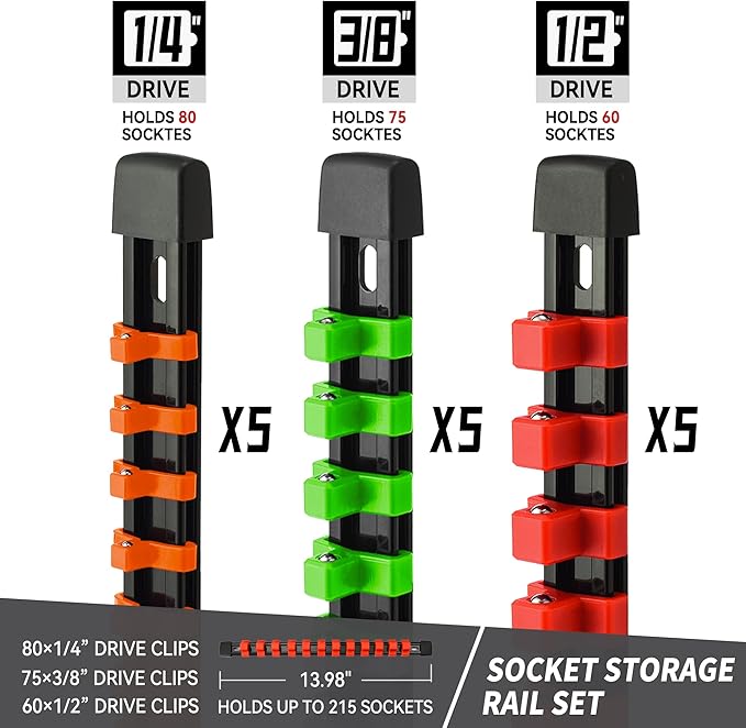 Socket Organizer Drive ABS Tools - Socket Holder, Premium Quality 15 Pieces Socket Holders Kit 1/4-Inch x 80 Clips, 3/8-Inch x 75 Clips, 1/2-Inch x 60 Clips（15PC,Mix-color)
