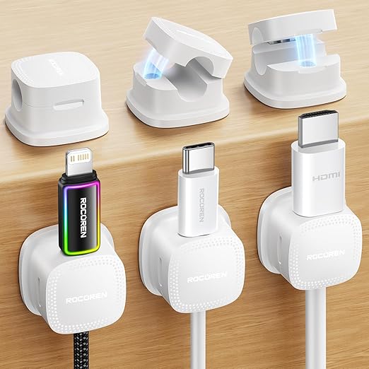 Rocoren 6-Pack Magnetic Cable Clips Cord Organizer - USB, HDMI Cable Management Accessories for Desk, Wall, Car
