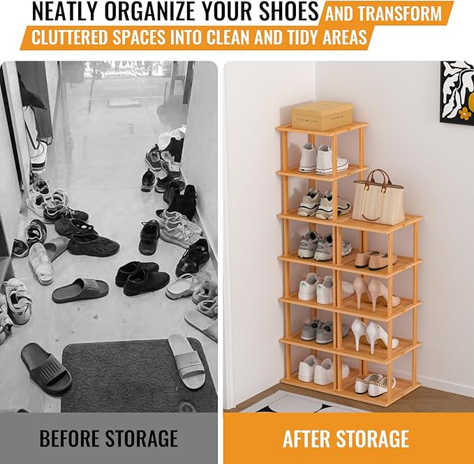 Bamboo Free Standing Shoe Rack Shelf Multi Tier Tall Wooden Stackable Shoes Rack Organizer for Closet Front Door Entrance Narrow Vertical Shoe Storage Rack for Corner Stand (Nature, 12 Tiers)