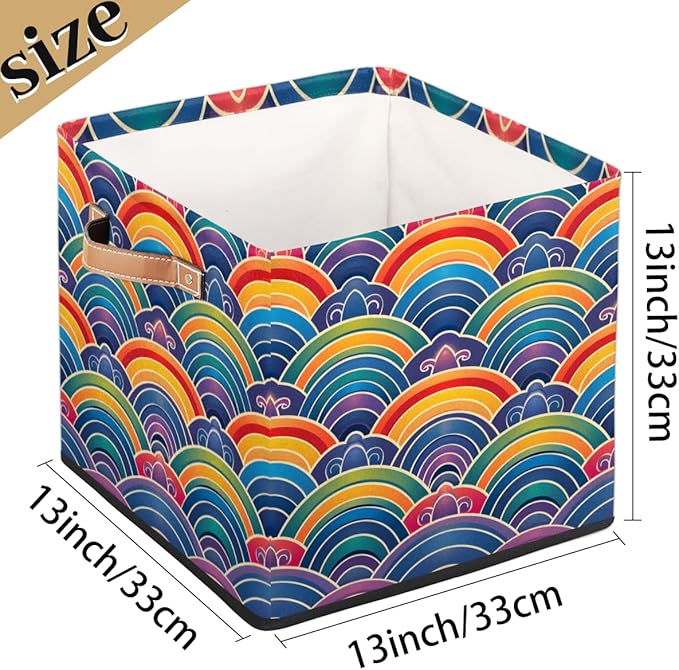 TropicalLife 13x13x13 Inch Large Fabric Storage Cube Vintage Rainbow Flowers Foldable Storage Bin with Handles Organizer Boxes Cube Basket for Shelves Organizing Closet