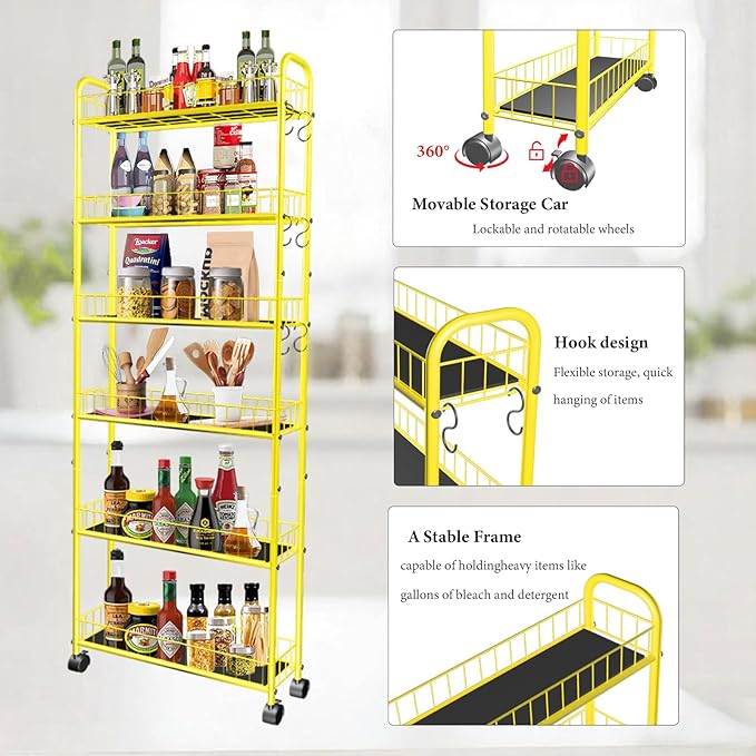 6-Tier Slim Storage Cart with Wheels,6in Narrow Rolling Shelf,Sturdy Slim Storage Ideal for Kitchen, Bathroom, and Laundry Room, Yellow