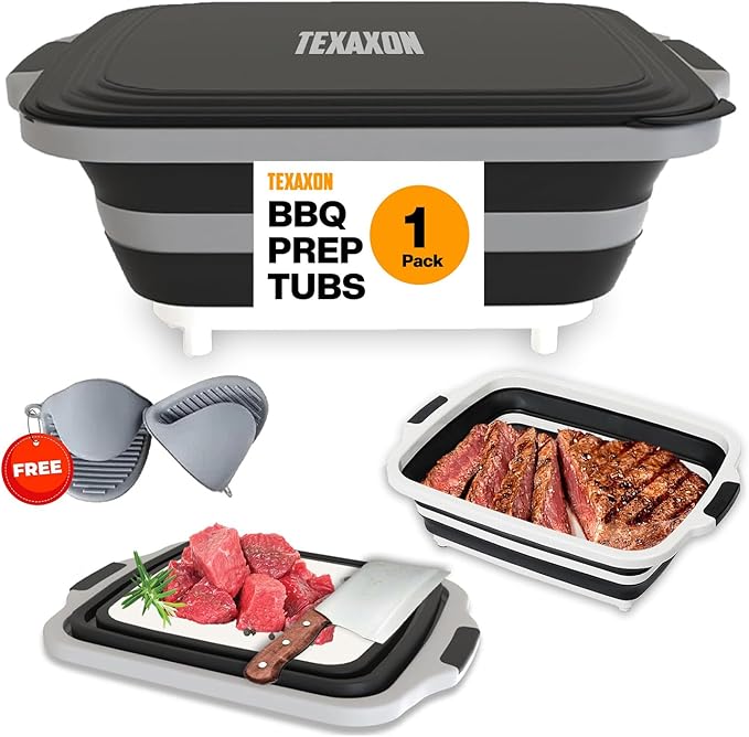 8L/16L BBQ Prep Tub with Cutting Board, Lid & Complimentary Mitts/Gloves – Collapsible Bucket for BBQ, Marinade, Picnic, Camping, Meat Prep – Orange/Black (Black, X-Large)