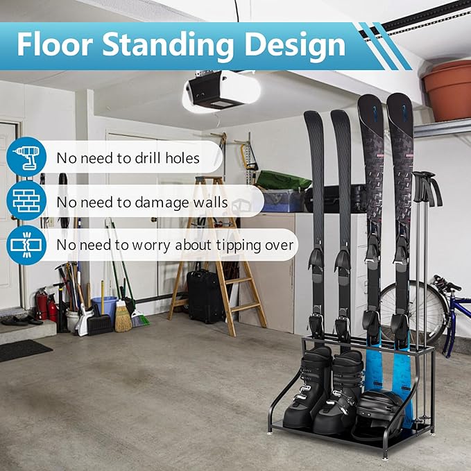 Ski Storage Rack-Holder Garage - Freestanding Ski Equipment Organizer Ski Boot Snowboard Rack Stand Snow Gear Storage