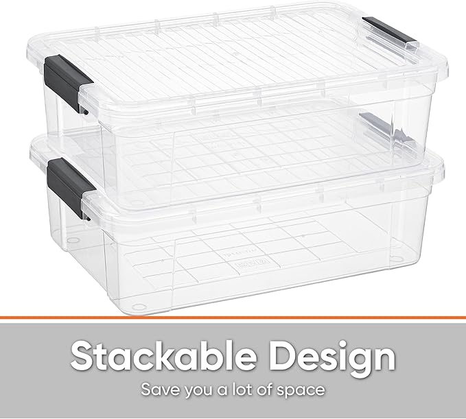 Superio Clear Storage Boxes with Lids, 13.7 Quart Plastic Container Bins for Organizing, Stackable Crates, BPA Free, Non Toxic, Odor Free, Organizers for Home, Office and Dorm, 6 Pack