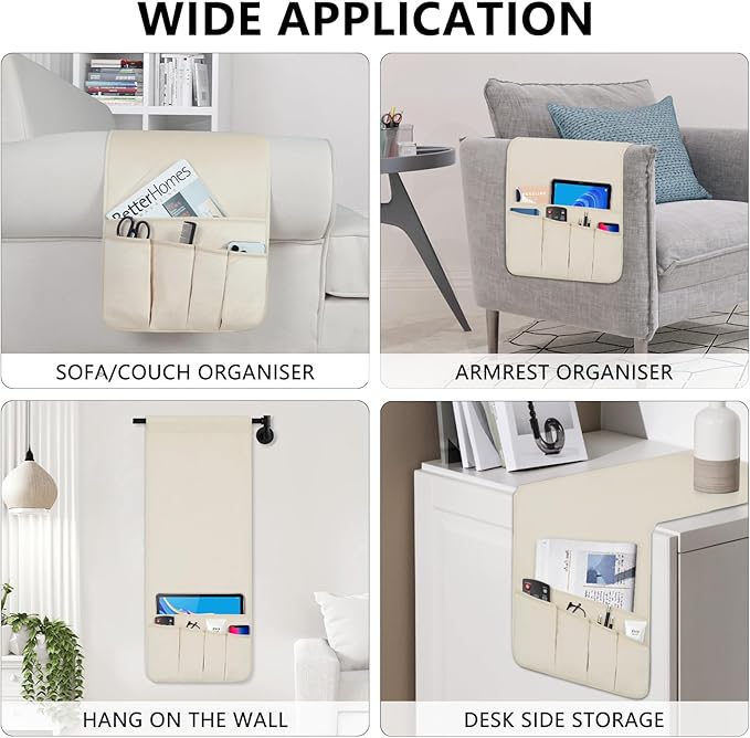 TV Remote Control Holder Couch Caddy, Non-slip Bedside Caddy Organizer with 5 Pockets for Key Glasses Phone Magazine Holders (Beige, 35"x12.4")