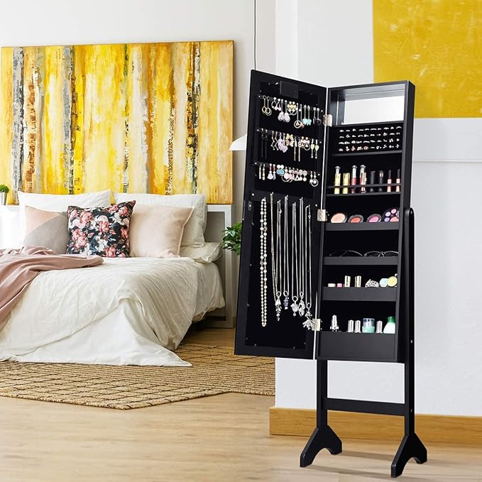 Giantex Standing Jewelry Armoire with 18 LED Lights Around the Door, Large Storage Mirrored Jewelry Cabinet with Full Length Mirror, 16 Lipstick Holders, 1 Inside Makeup Mirror (Black)