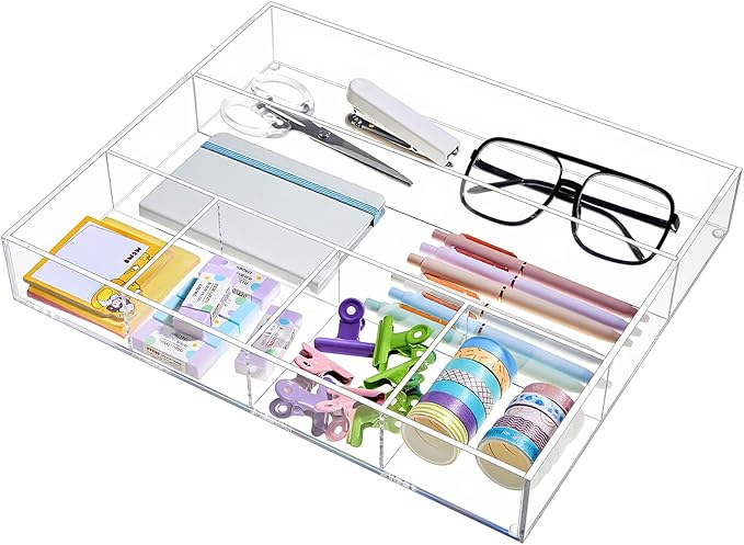 Acrylic Desk Drawer Organizer 14.37 x 11.81 x 2.17 Inch Storage Tray Organizer for Pens, Stationery, Desktop, Office, Bathroom, Kitchen, Makeup Supplies(6 Compartments, Clear)