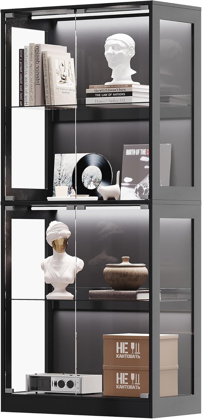 AMERLIFE RGB Display Cabinet with Adjustable Glass Shelves, 4-Tier Storage Case with LED Lights & Press-to-Open Doors, Modern Display Shelf for Collectibles, Black 70" H×32" L×16" D
