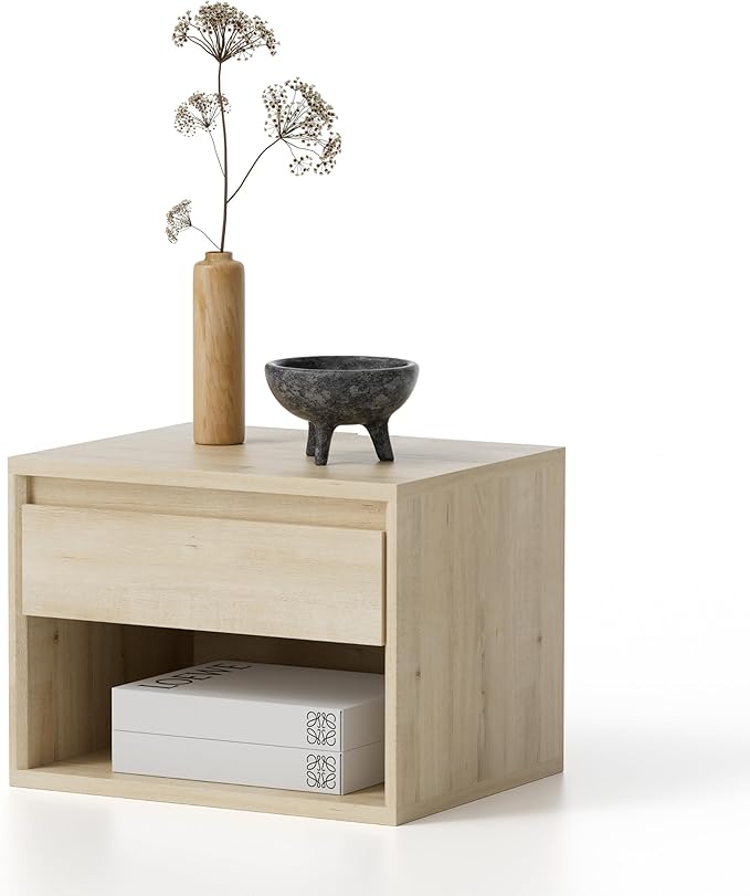 Floating Nightstand, Wall Mounted Bedside Table with Storage Drawer and Open Shelf, Modern Night Stand withHandless Design for Living Room, Bedroom, Dorm, Light Oak