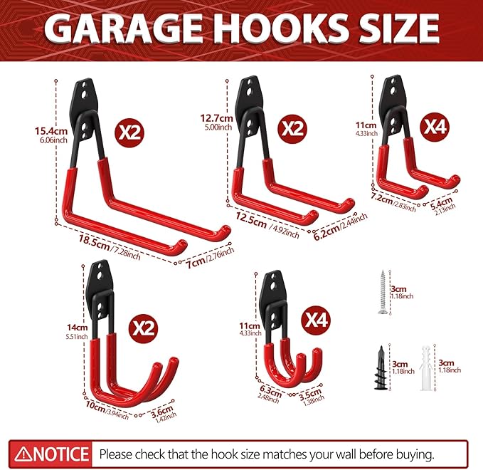 3-H Garage Wall Hooks 42 Pack, Heavy Duty Garage Hooks with Extra Welding Spots, Wall Mount Storage Organizer for Hanging Garden Lawn Tools, Ladder, Bike, WeedEater, Chair, Shovel, Blower (Red)