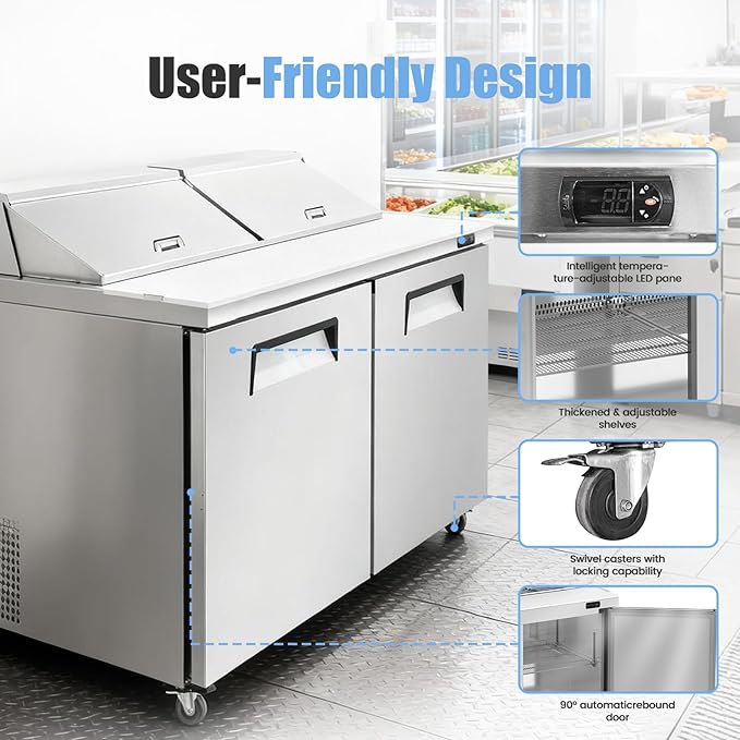 60" W Commercial Refrigerator Sandwich Salad Prep Table, Stainless Steel 2-Door Sandwich Prep Table Refrigerator, Counter Fan Cooling Refrigerator with 16 Pans for Restaurant, Bar