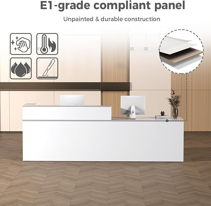 L Shape Reception Desk with Counter, Lockable Drawer, Keyboard Tray, and Double-Layer Storage for Salon, Office, or Clinic (White+Gray/Right, 71" L*24" W*39" H)