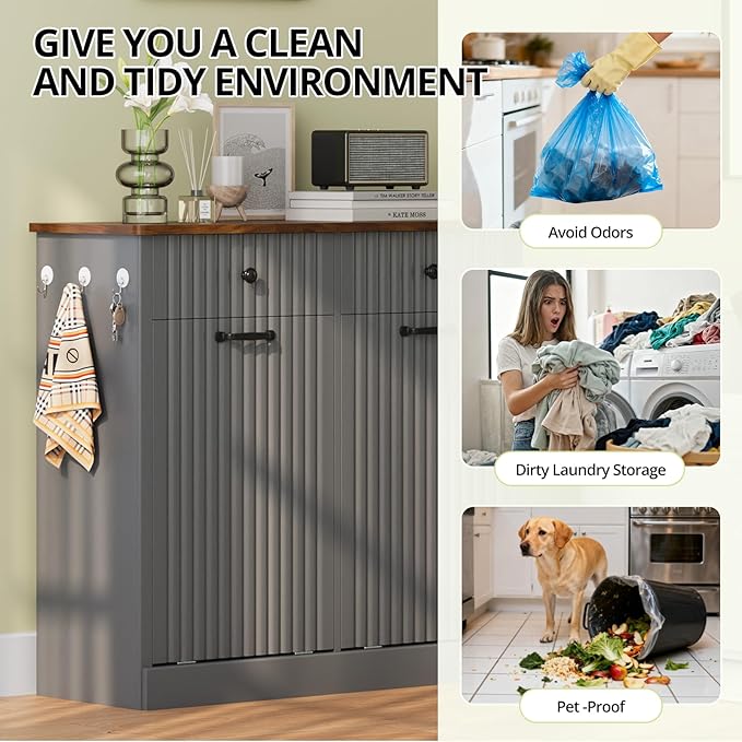 Double Tilt Out Trash Can Cabinet, 20 Gallon Fluted Laundry Hamper Cabinet with 2 Drawers, Wooden Hidden Garbage Can Cabinets for Kitchen, Living Room, Without Trash Bin or Laundry Hamper,Grey