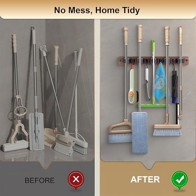 2 Pack Broom Holder Wall Mount With 5 Slots & 4 Hooks，Rustic Wood Broom & Mop Hanger，Wall Mounted Garden & Garage Tool Storage Organizer Rack for Closet Laundry Room or Kitchen Wall Decor White