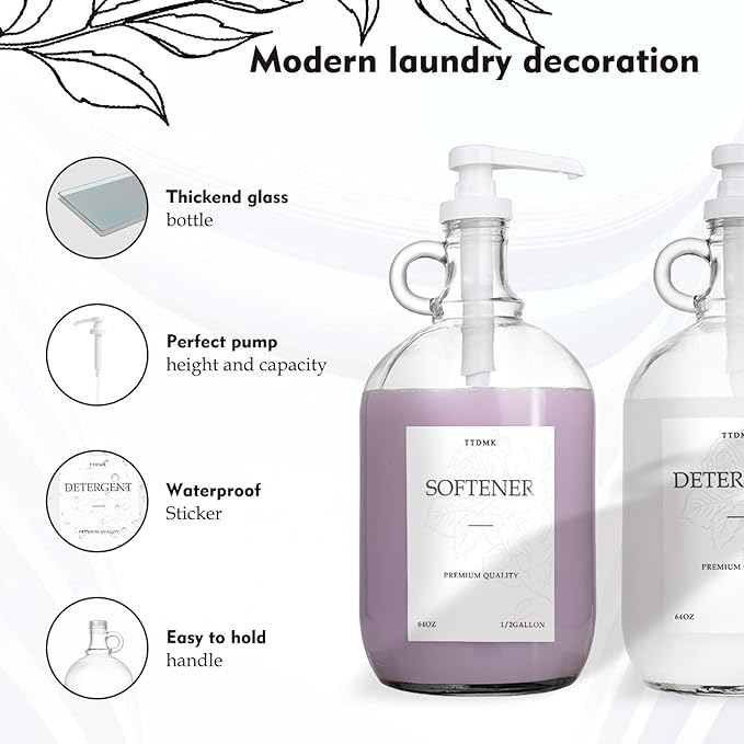 2 Pcs Glass Liquid Laundry Detergent Dispenser, Half Gallon Laundry Soap Dispenser for Laundry Room (64 oz. Each), Laundry Detergent Bottles with Pump Dispenser -Includes Labels, Funnel, Measuring Cup