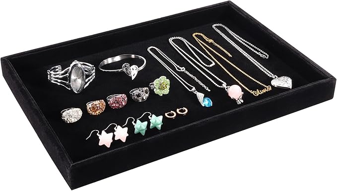 Mornajina 13.8" x 9.5" Velvet Jewelry Tray Jewelry Display Tray, Stackable Empty Plate Trays for Earrings Necklaces Bracelet Rings Display Showcase - Black