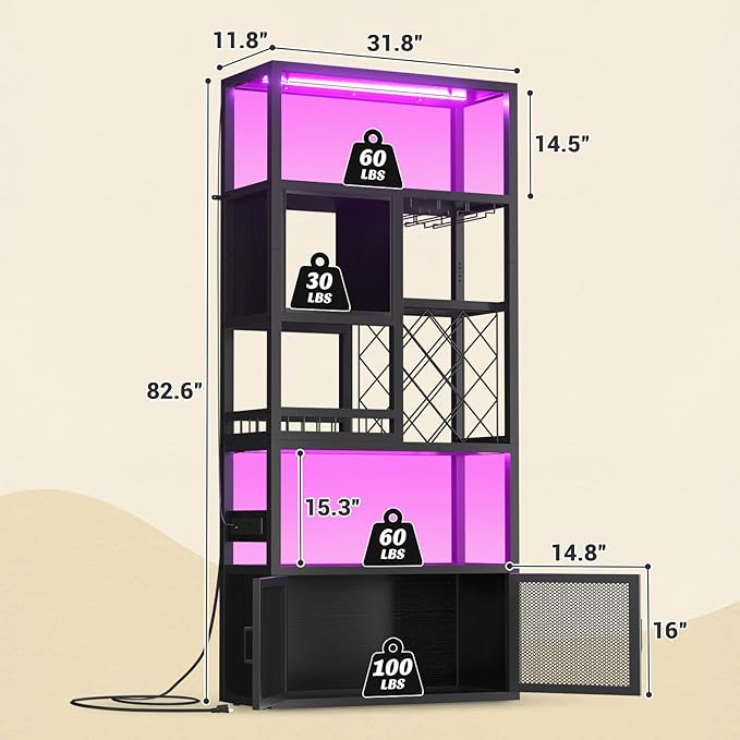 82.6" Tall Bar Cabinet with Power Outlets, 6-Tiers Reversible Wine Cabinet with LED Lights, Glass Holder & Wine Rack, Liquor Storage Cabinet Coffee Bar Unit Station for Dining Living Room, Black