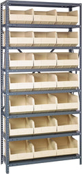Quantum 2475-485IV Heavy Duty Shelving Unit with (8) Shelves and (21) SSB485 Ivory Bins for Industrial Warehouse Storage Distribution | 400 lbs Capacity | 24"D x 36"L x 75"H, Galvanized Carbon Steel