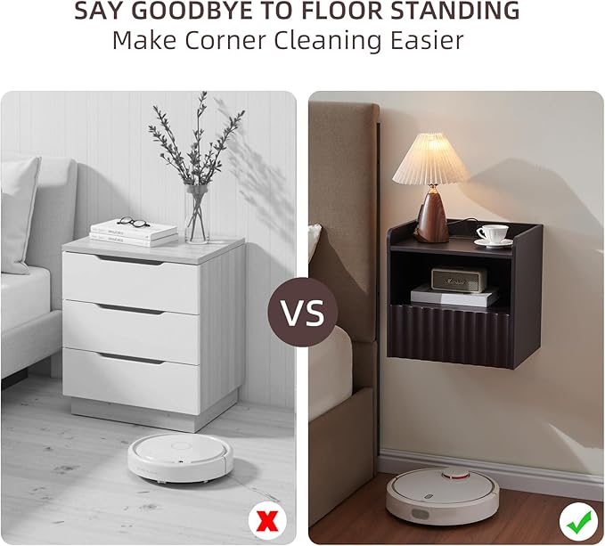 Modern Fluted Floating Nightstand Wall Mounted - Bedside Table with Storage Drawer & Display Shelf, Minimalist Bedroom Furniture for Studio Apartments(Espresso)