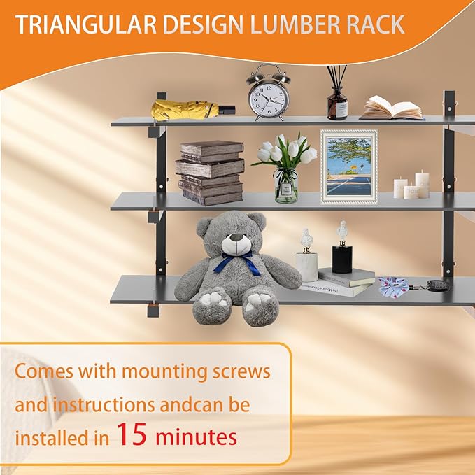 Lumber Rack Wall Mount, Heavy Duty Wood Storage Racks, 3-Level System Garage Shelving, 380 Lbs Capacity Organizer Shelves, Folding Orange Brackets, 2 Pack Hanging Metal Shelf for Indoor and Outdoor