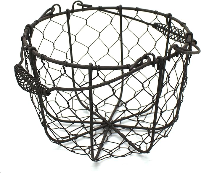 CVHOMEDECO. Round Chicken Wire Egg Basket Fruit Basket with Swing Handles Primitives Vintage Gathering Basket. Rusty