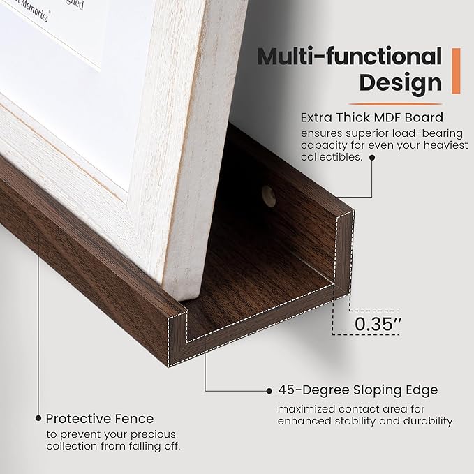Fun Memories Picture Ledge Shelf, 24 Inch Long Floating Shelves Set of 6, Picture Shelf for Wall with Lip, Large Nursery Book Shelves for Storage, Wall Shelves for Living Room Bedroom Kitchen, Walnut