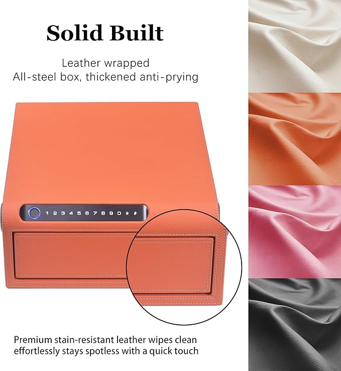 Biometric Fingerprint safe, Slide-Away Handgun Safe for Pistols, Leather Wrapped Jewelry Storage Safe, Drawer Safe for Home,Digital Keypad & Quick-Access Drawer (Orange-1 Drawer)