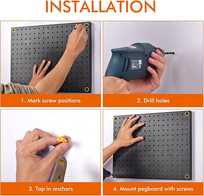 G.CORE Heavy Duty Metal Pegboard Organizer - Wall Storage Steel Peg Board Panels Set 1/4 inch Round Holes 17"x13" 4 Pack Garage Craft Tool Display Hanging Rack Organization Kit with Mounting Hardware