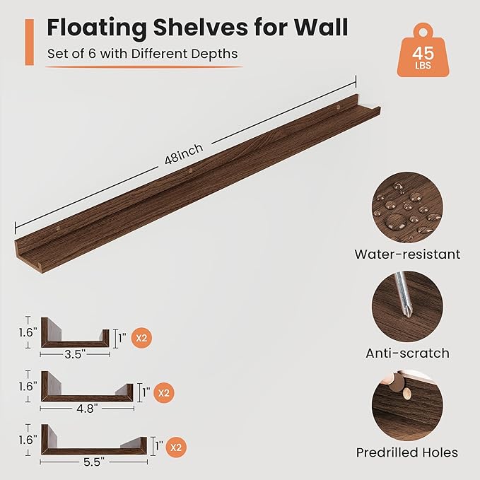 Fun Memories Picture Ledge Shelf, 48 Inch Long Floating Shelves Set of 6, Picture Shelf for Wall with Lip, Large Nursery Book Shelves for Storage, Wall Shelves for Living Room Bedroom Kitchen, Walnut