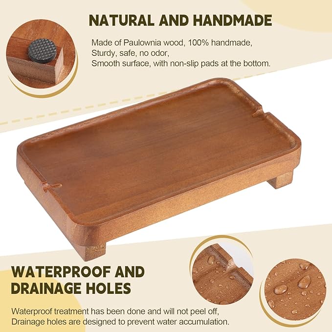 Wood Riser Small Decorative Tray Sink Soap Dish, Vanity Tray Pedestal Stand 9 x 5.9 inches (Light Brown)
