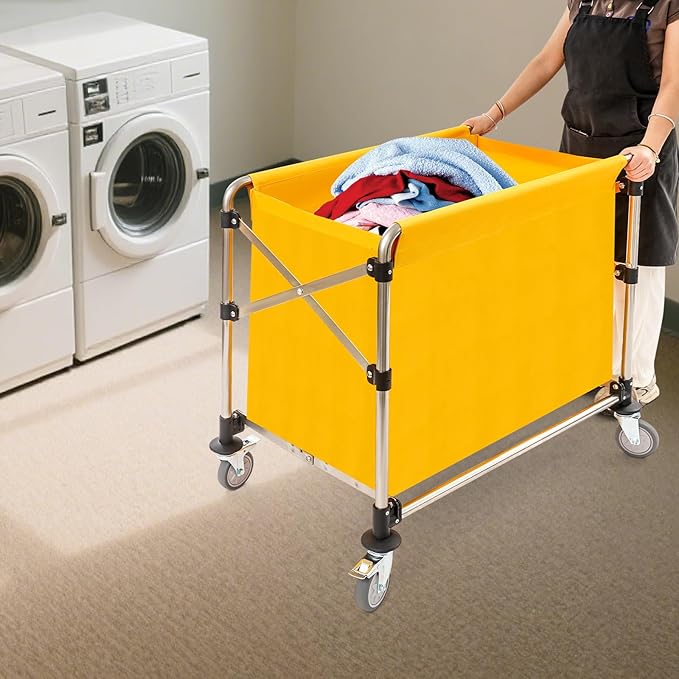 Commercial Laundry Cart with Wheels,Folding Laundry Hamper Cart,Heavy Duty Rolling Laundry Basket with Large Capacity,Laundry Sorter Trolley for Home Hotel Apartment (Yellow, 34.25 * 20.47 * 30.7in)