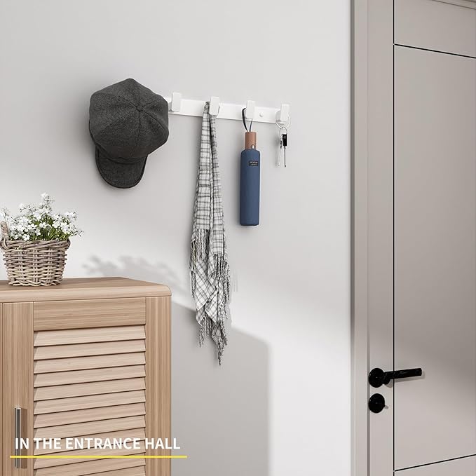 White Coat Rack Wall Hooks for Hanging Heavy Duty Door Hooks with 5 Hooks Key Holder for Wall Hat Rack for Entrance Coat Hook